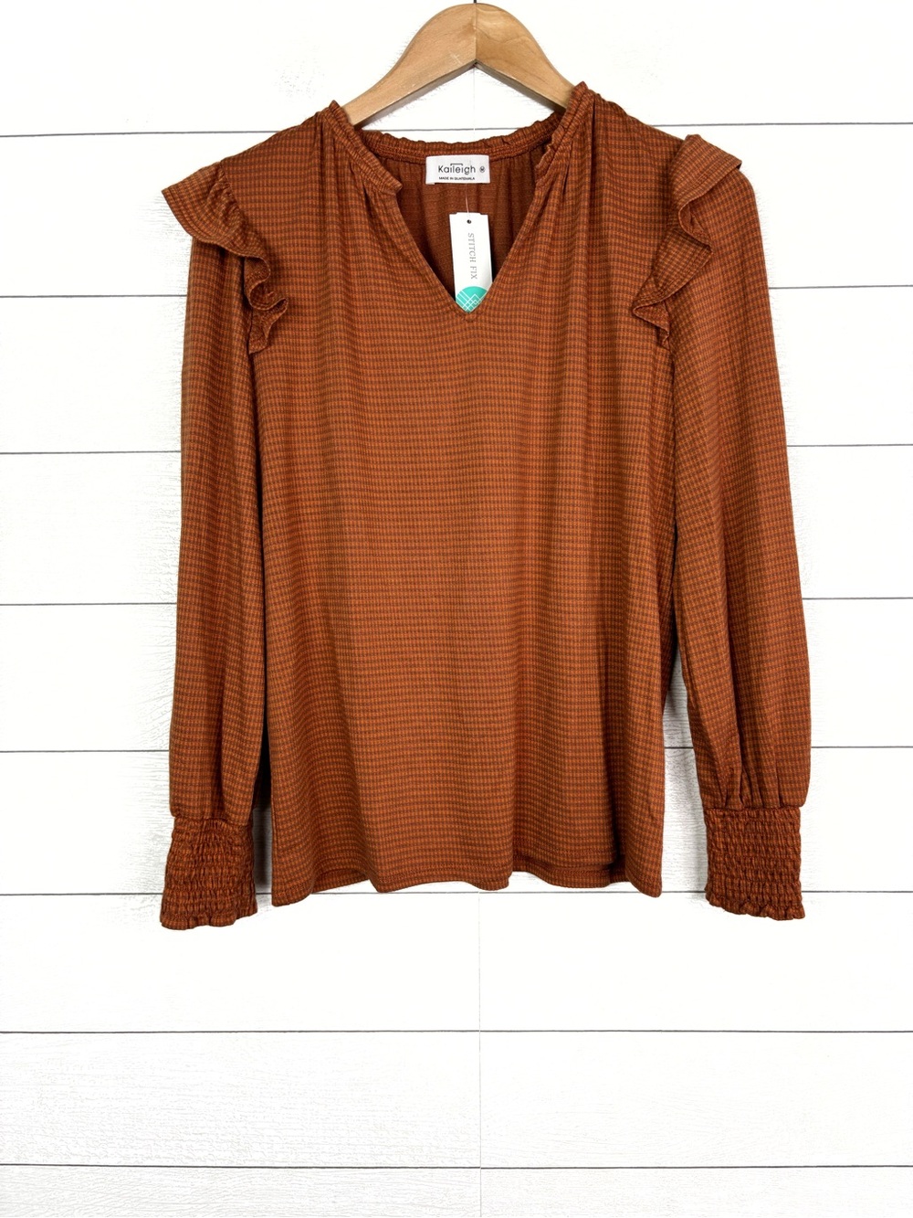 NWT Kaileigh Stitch Fix Charleston Ruffle Detail Knit Top Rust Orange Check New